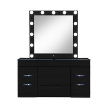 Load image into Gallery viewer, 62" Wood And Glass Six Drawer Vanity Table With Mirror Seating And Lights - Black
