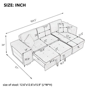 104" Modern L-Shape 3 Seat Reversible Sectional Couch, Pull Out Sleeper Sofa with Storage Chaise and 2 Stools for Living Room Furniture Set,Knox Charcoal (old sku:SG000431AAA)