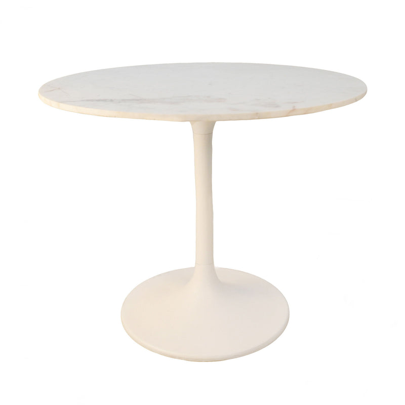 36" Rounded Marble And Iron Pedestal Base Dining Table - White