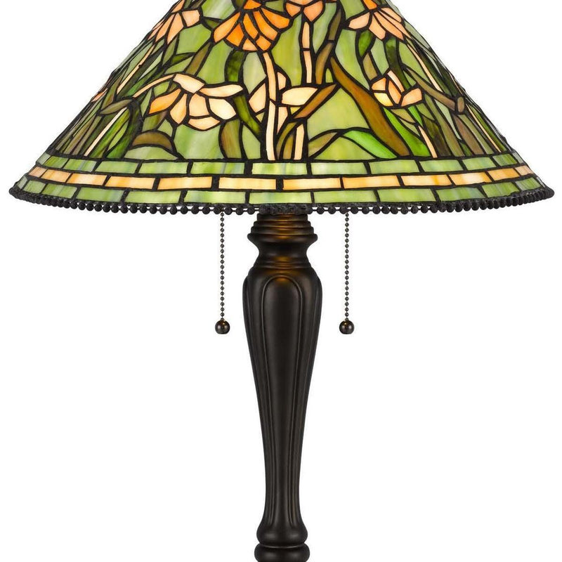 Flowers Two Light Round Tiffany Lamp With Dome Shade - Bronze