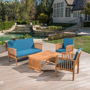 Outdoor Acacia Wood Sofa Set with Water Resistant Cushions, 4-Pcs Set, Brown Patina / Teal Blue