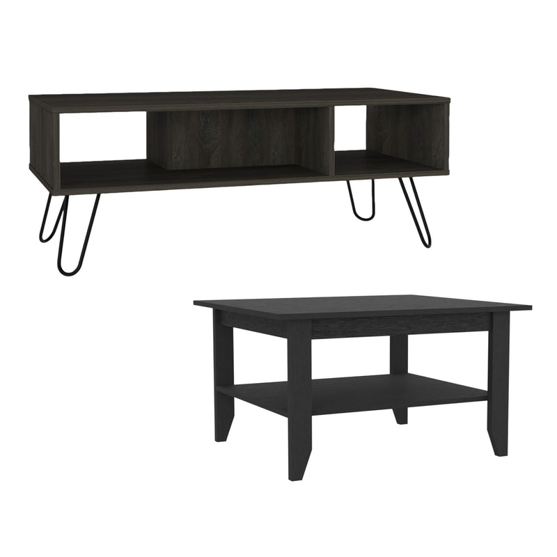 Wood Coffee Table With Two Shelves (Set of 2) - Black / Espresso