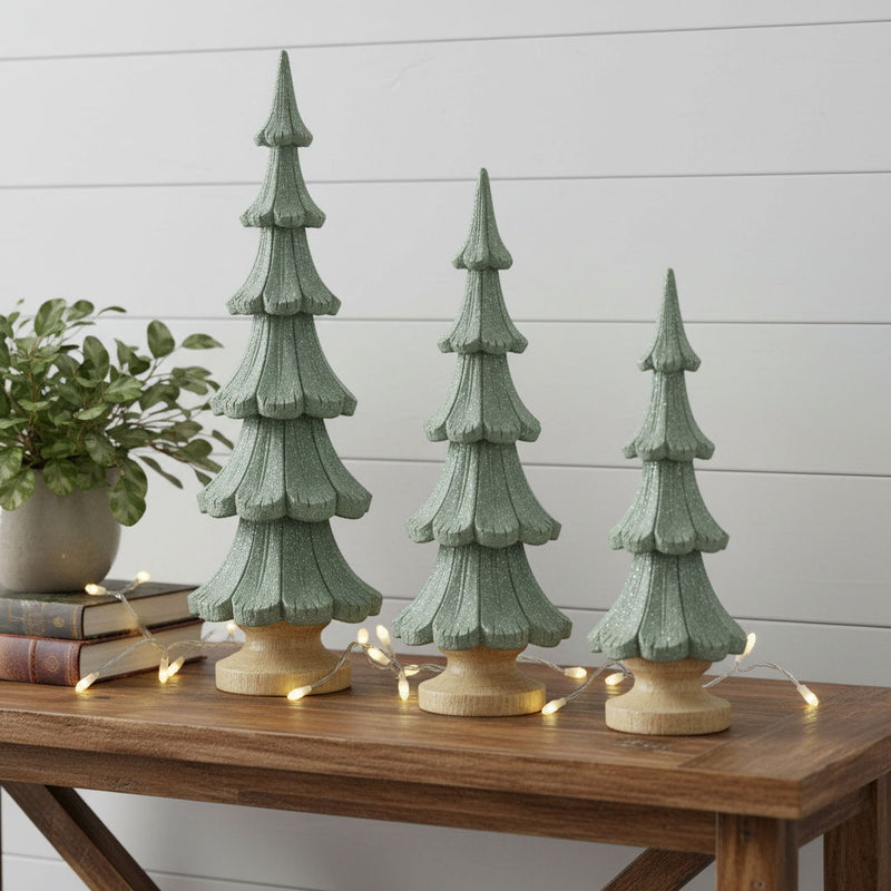 Glitter Christmas Tree Sculptures (Set of 3) - Green / Natural