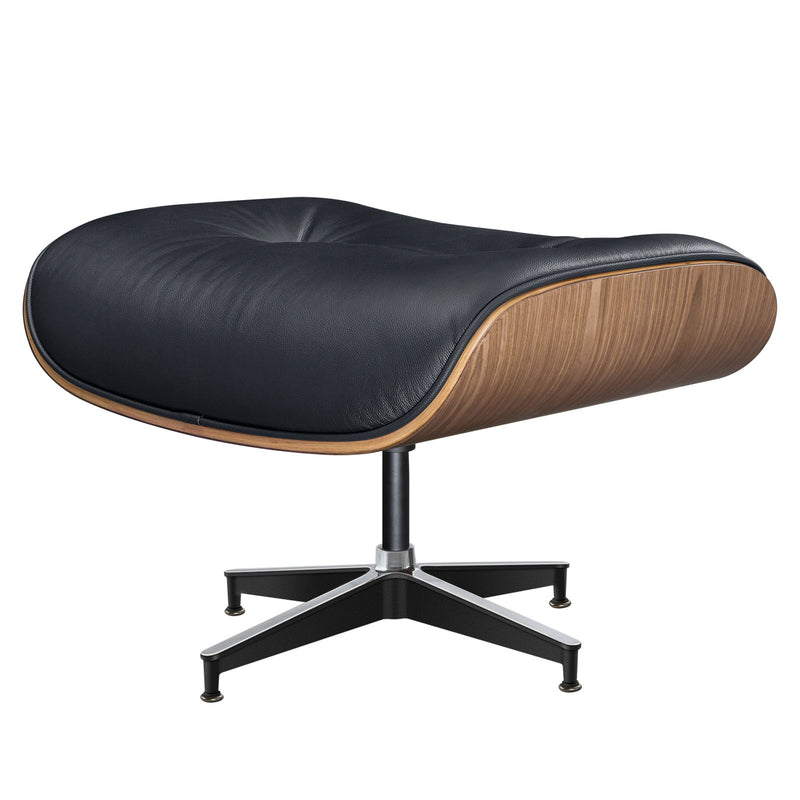 27" Tufted Genuine Leather Swivel Lounge Chair With Ottoman - Black / Walnut