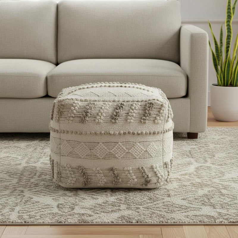 Cotton Wool Striped Pouf Ottoman - Ivory