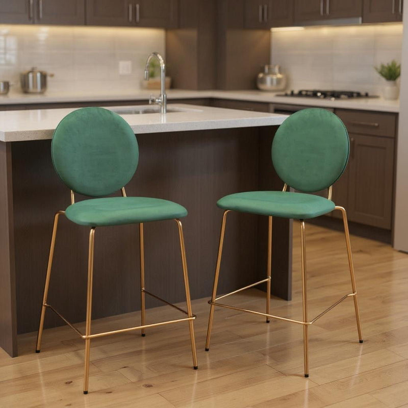26" Velvet And Steel Counter Height Bar Chairs (Set of 2) - Green / Gold