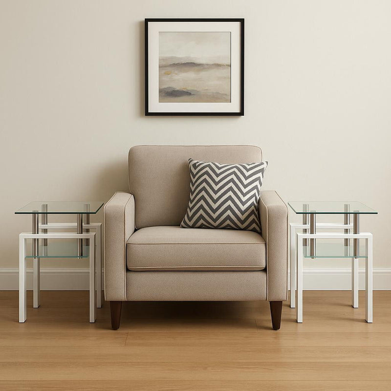 Glass And Metal Square End Tables With Shelf (Set of 2) - Clear / White