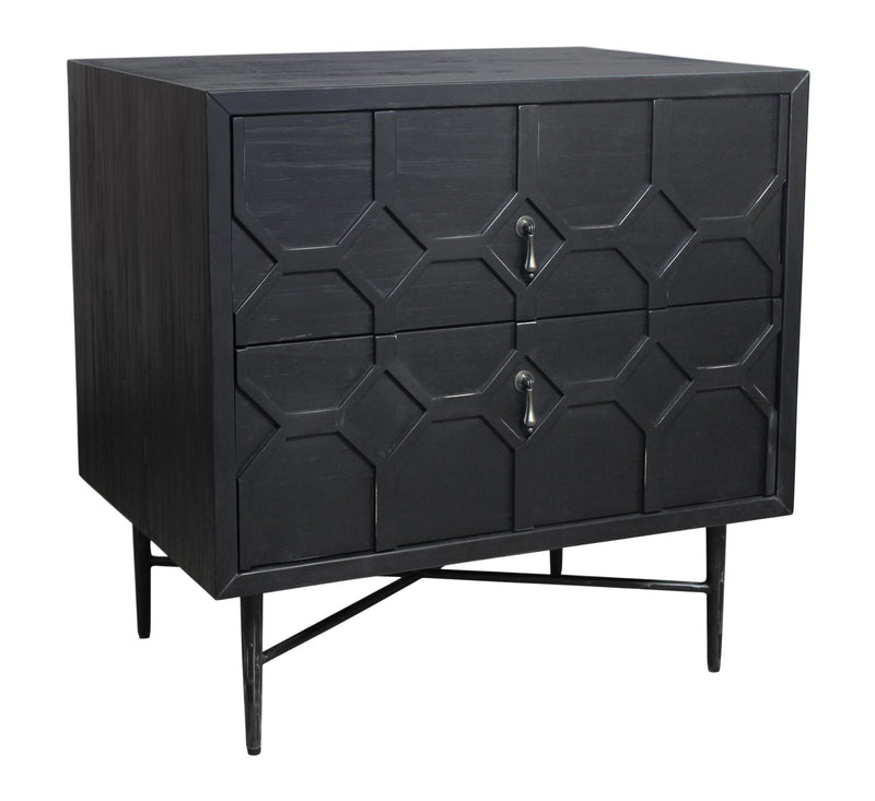 Iron And Solid Wood Distressed Carved Geometric Two Drawer Nightstand - Black