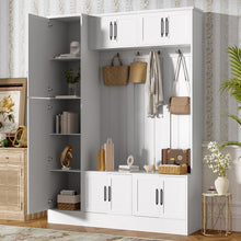 Load image into Gallery viewer, Tall Hall Tree With Shoe Storage, 4 In 1 Entryway Bench With 6 Cabinets, 4 Coat Hooks &amp; Adjustable Shelf For Hallway - White
