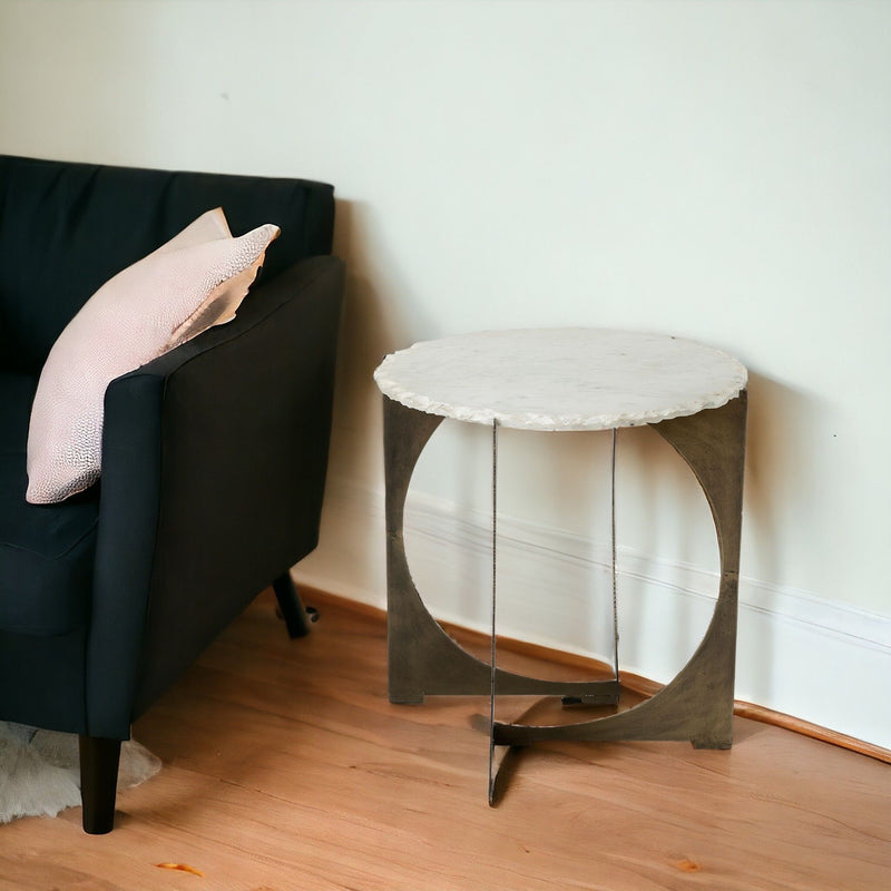 Marble Round End Table - Brown And White
