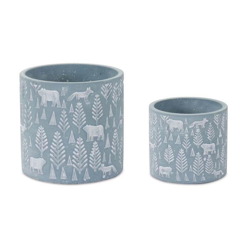 Abstract Round Pot Planters (Set of 2) - Blue / White