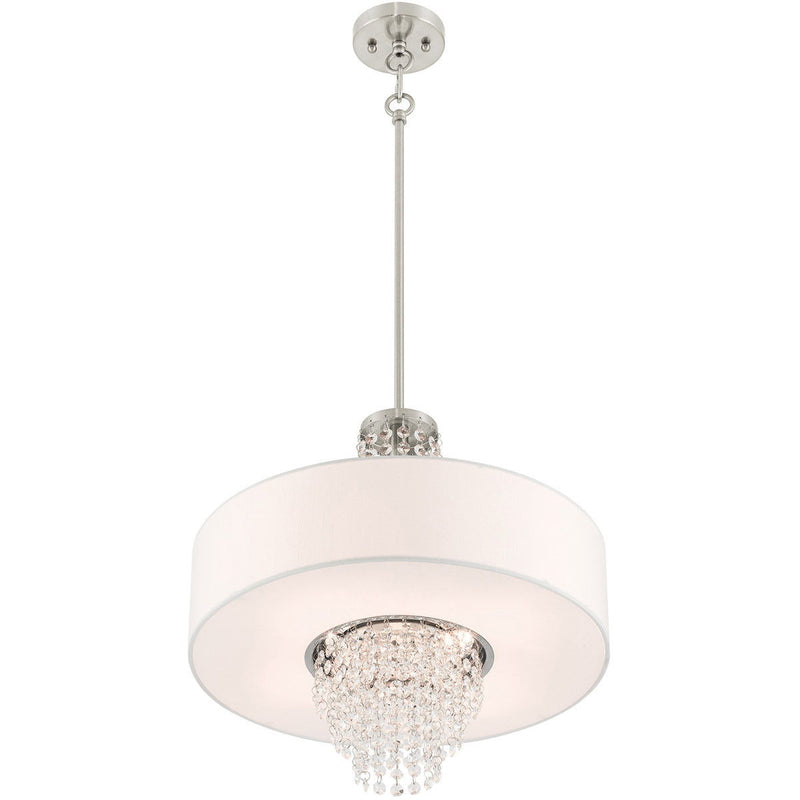 Four Light Metal Dimmable Chandelier With Shades - Nickel / Clear / Off White