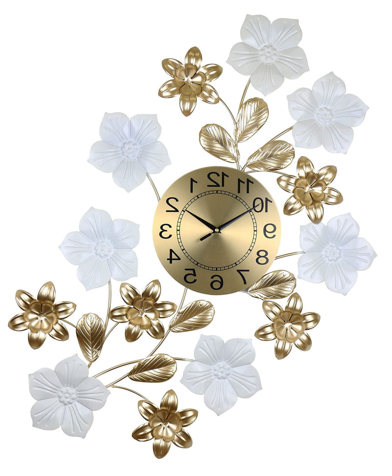 Silent Analog Floral Wall Clock - Gold / White / Black