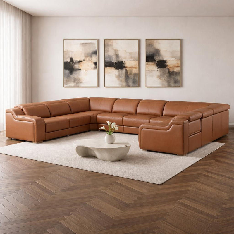 Leather Power Reclining U Shaped Eight Piece Corner Sectional With Console - Chestnut