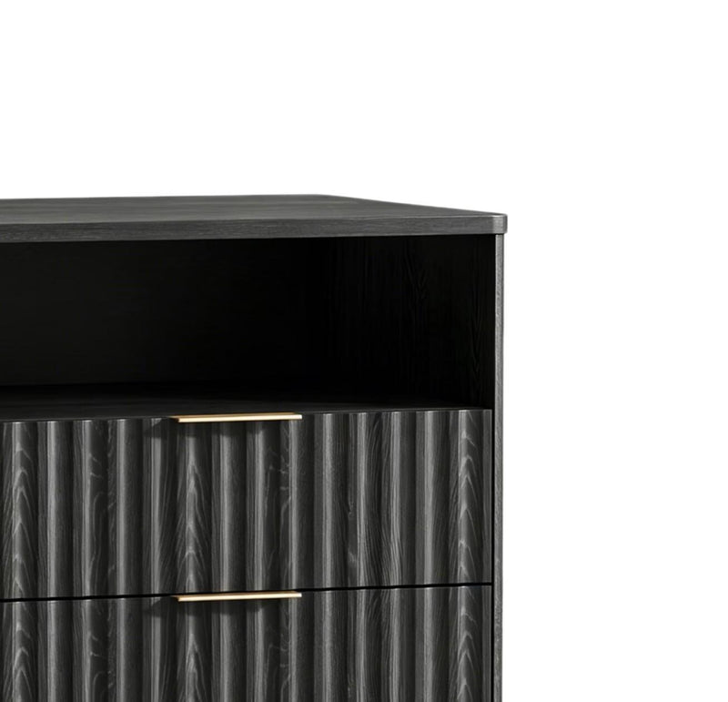 Wood Ribbed Texture Two Drawer Nightstand - Black
