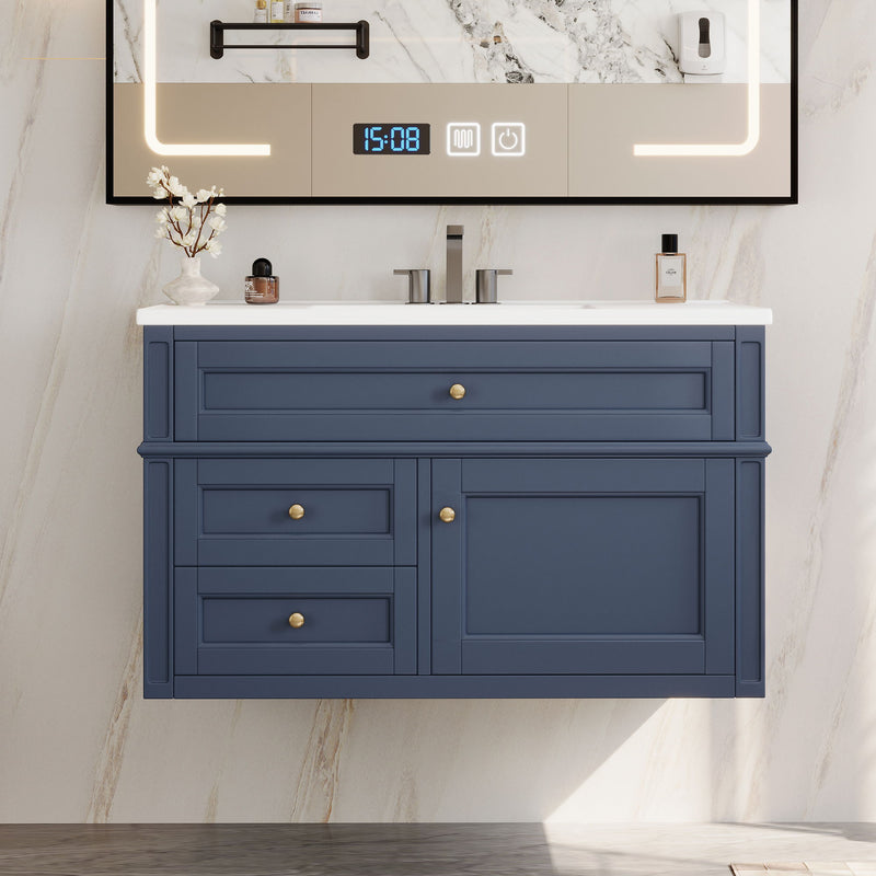 Modern Wall Mounted Floating Cabinet With Double Drawer And Sink