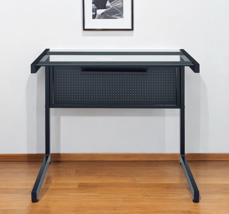 33" Glass And Stainless Steel Writing Desk - Clear And Black