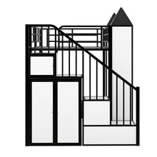 Load image into Gallery viewer, Metal Twin over Twin Castle-shaped Bunk Bed with Wardrobe and Multiple Storage, Black+White
