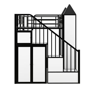 Metal Twin over Twin Castle-shaped Bunk Bed with Wardrobe and Multiple Storage, Black+White