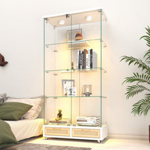 Load image into Gallery viewer, Glass Display Cabinet With LED Lights, Tempered Glass Doors, Large Drawers, 2 Door Storage Case With 4 Shelves - Natural / White
