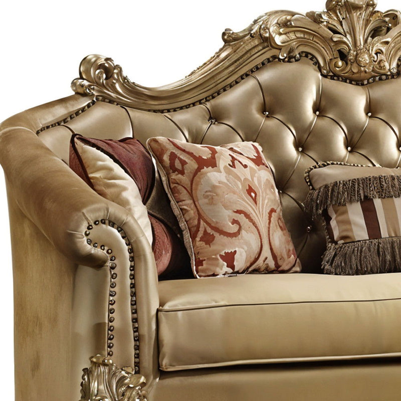 Faux Leather And Gold Sofa With Five Toss Pillows - Bone