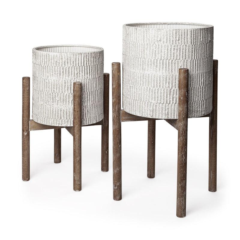 Round Elevated Planters (Set of 2) - Cream / Brown