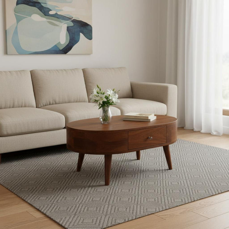 Solid Wood Oval Coffee Table With Drawer - Chestnut