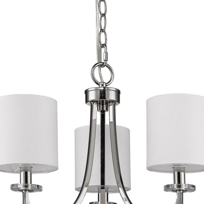 Candle Style Three Light Metal Dimmable Chandelier With White Shades - Silver / White