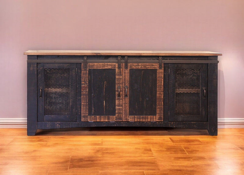 Solid Wood Cabinet Enclosed Storage, Distressed TV Stand - Black
