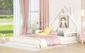 Full Size Wood Floor Bed with House-shaped Headboard, White