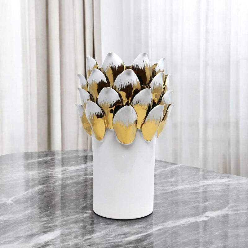Leaf Tulip Porcelain Table Vase With Sculptural Details - White