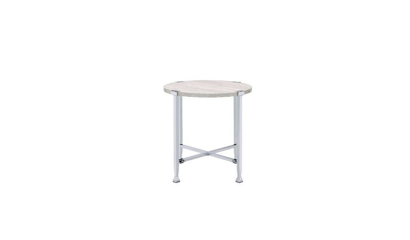 Manufactured Wood And Metal Round End Table - Chrome And White Oak