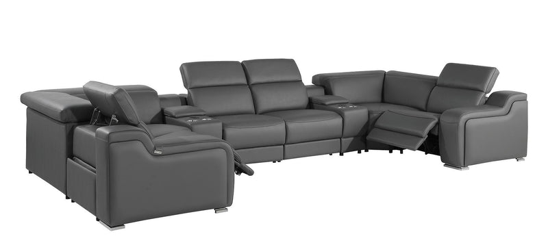 Italian Leather Power Reclining U-Shaped 8 Piece Corner Sectional With Console - Dark Gray