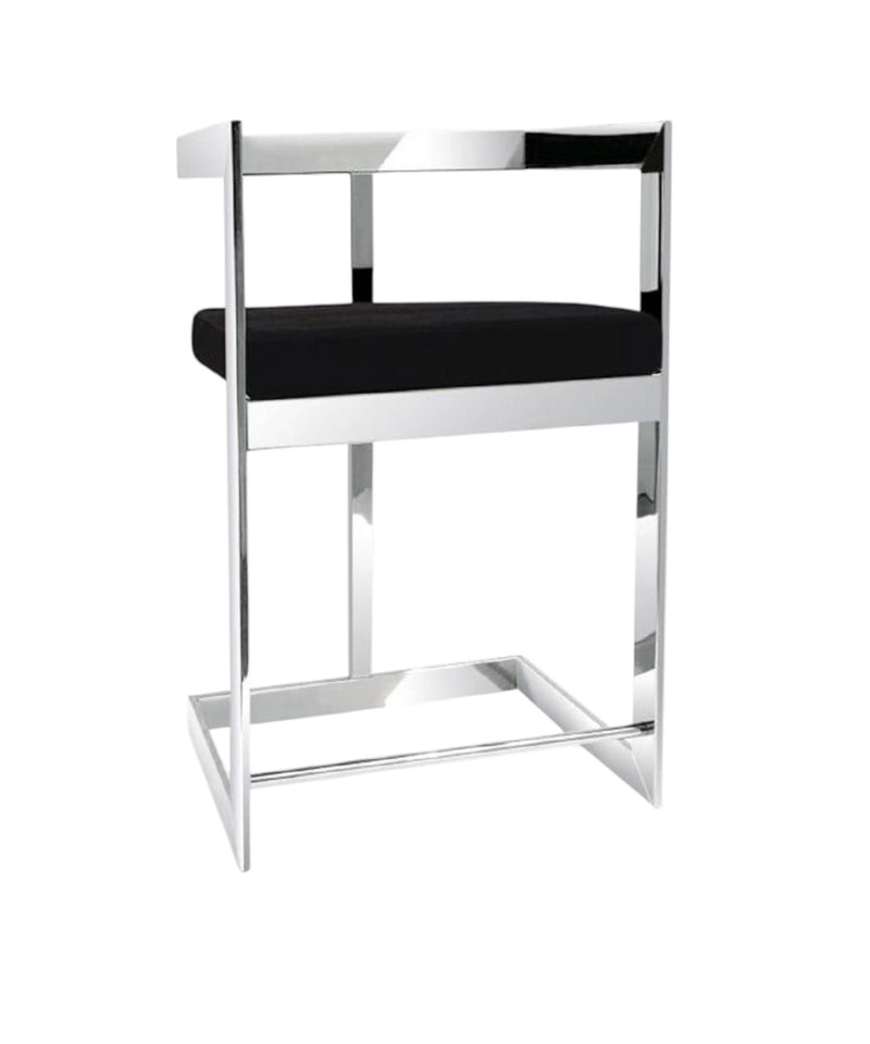 Velvet And Stainless Steel Low Back Bar Height Bar Chair - Black And Silver