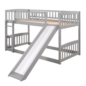 Bunk Bed with Slide,Twin Over Twin Low Bunk Bed with Fence and Ladder for Toddler Kids Teens Grey