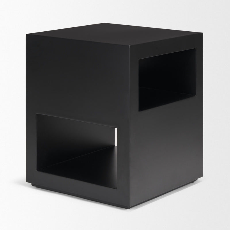 Square Block End Table With Two Shelves - Black