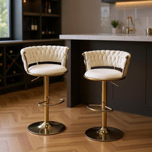 Load image into Gallery viewer, Velvet Metal Low Back Adjustable Height Swivel Bar Chairs (Set of 2) - Beige / Gold

