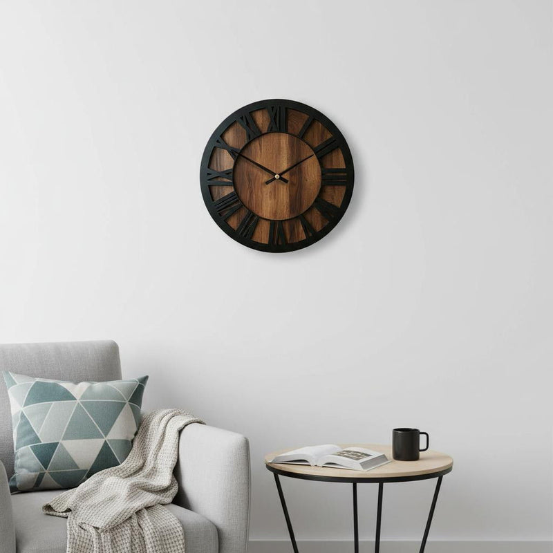 Silent Analog Round Wall Clock - Black / Brown