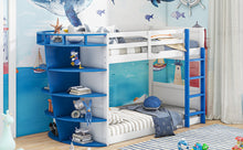 Load image into Gallery viewer, Twin over Twin Boat-Like Shape Bunk Bed with Storage Shelves, White+Blue
