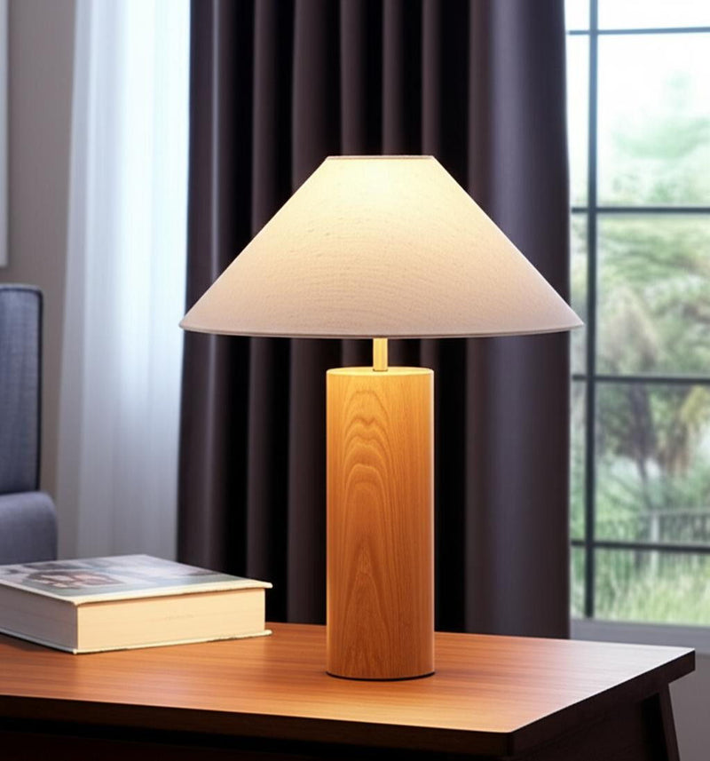 Solid Wood Cylinder Table Lamp With White Cone Shade - Natural