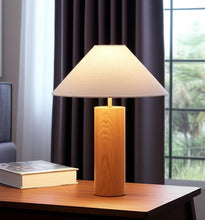 Load image into Gallery viewer, Solid Wood Cylinder Table Lamp With White Cone Shade - Natural
