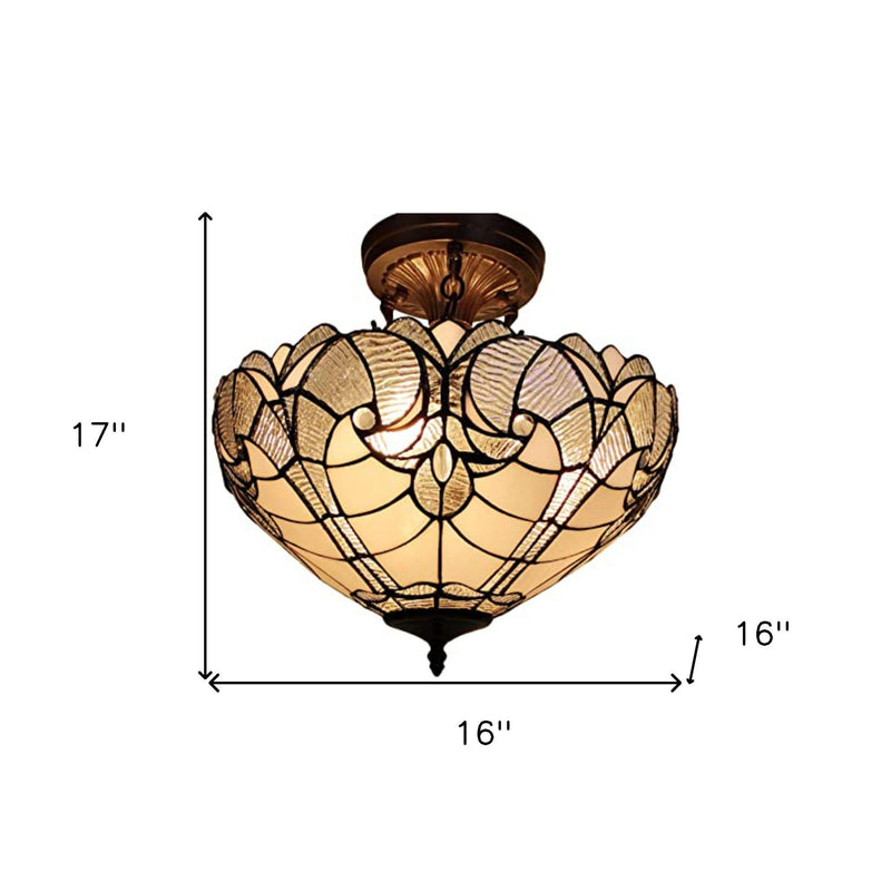 Two Light Tiffany Style Semi Flush Dimmable Ceiling Light - Yellow / Brown