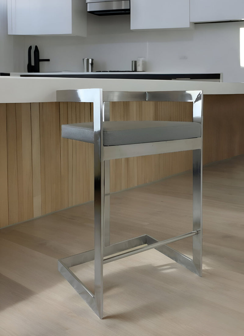 Faux Leather And Metal Low Back Counter Height Bar Chair - Gray And Silver