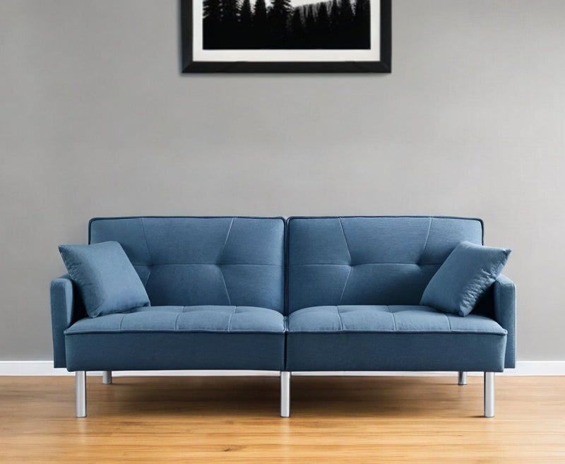 Polyester Blend Convertible Futon Sleeper Sofa And Toss Pillows With Silver Legs - Blue