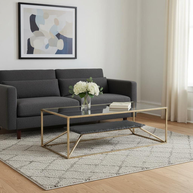 Glass Iron Pedestal Coffee Table - Brass