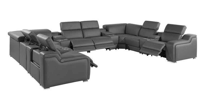 Italian Leather Power Reclining U Shaped Twelve Piece Corner Sectional With Console - Dark Gray