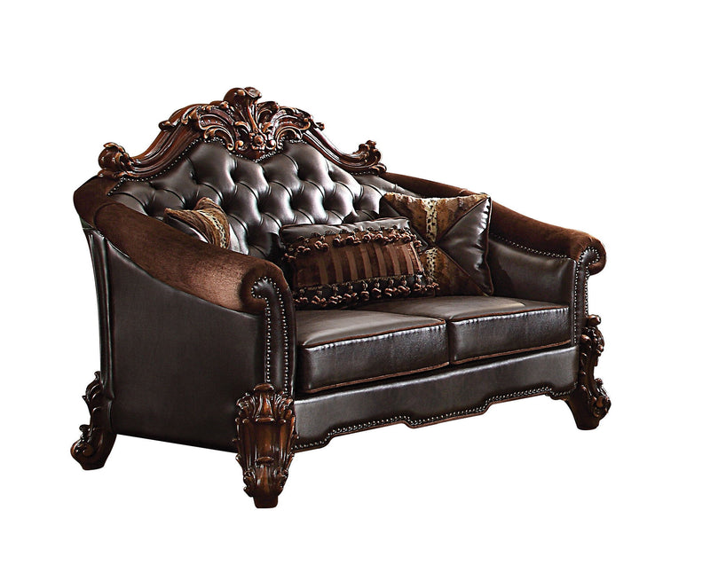 66" Chenille And Faux Leather Loveseat And Toss Pillows - Brown And Dark