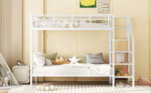 Load image into Gallery viewer, Twin Over Twin Metal Bunk Bed with Lateral Storage Ladder and Wardrobe, White
