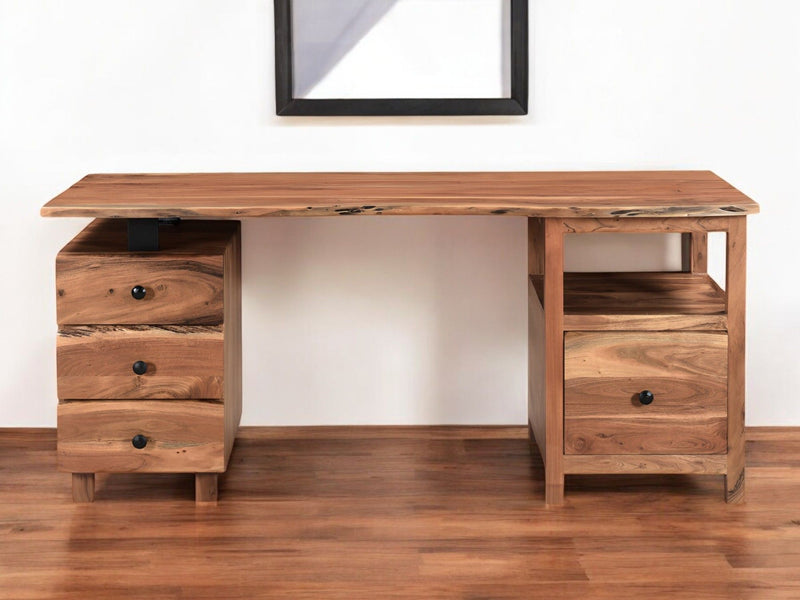 69" Live Edge Solid Wood Writing Desk With Four Drawers - Brown