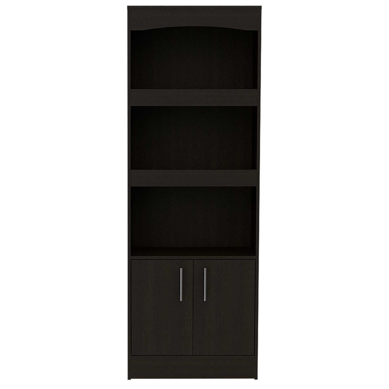 Wood Three Tier Bookcase With Two Doors - Light Gray